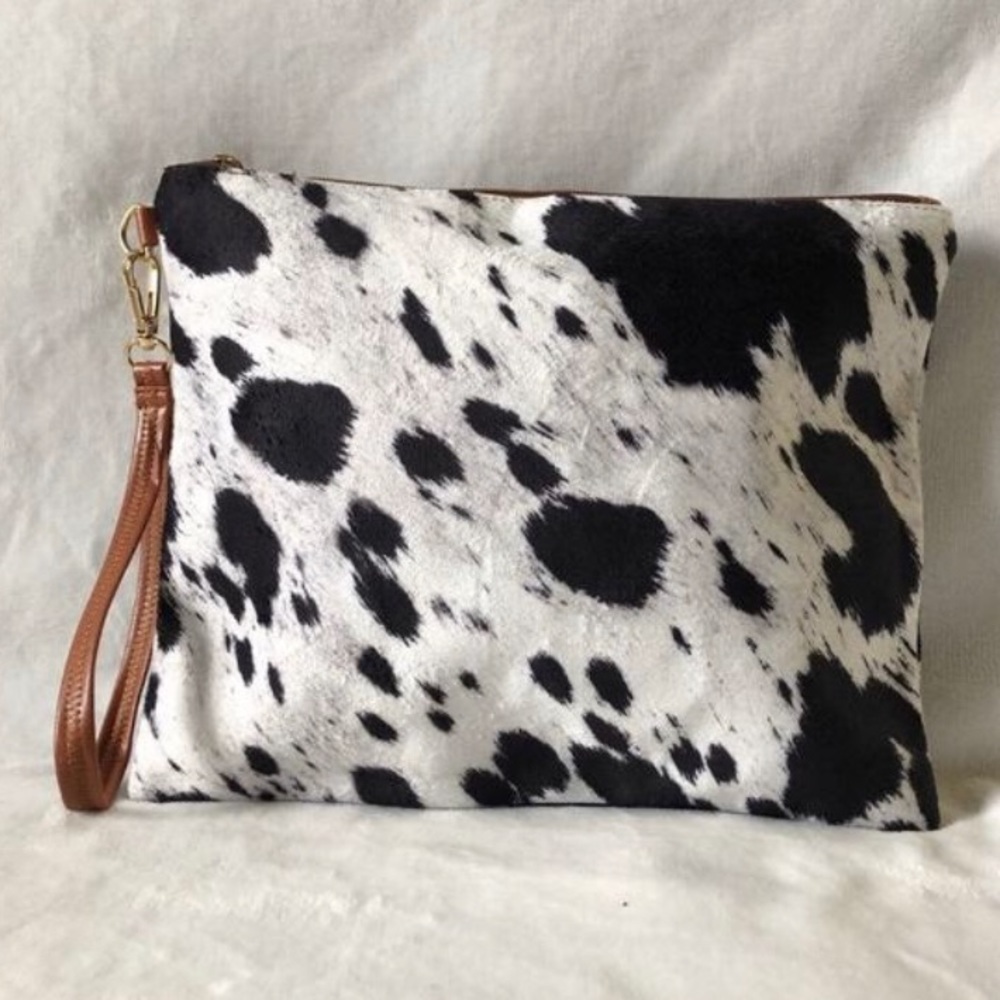 Black Cowhide Zipper Wristlet with Vegan Leather